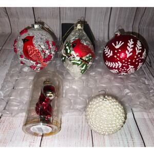 5x Vintage Blown Glass Beaded Ornaments Hand Painted Cardinals Candy Cane